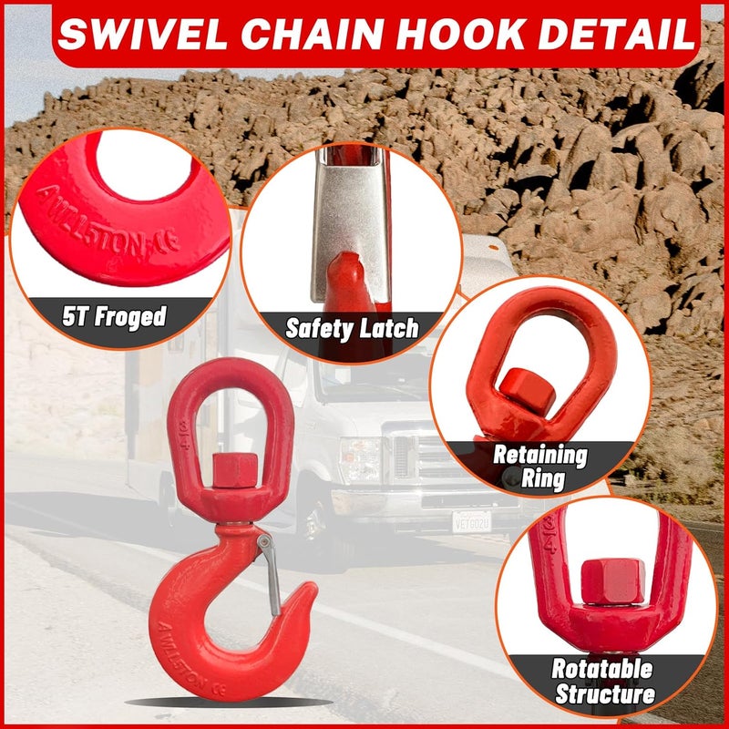 HENBOW 5 Ton Swivel Lifting Hooks and D Ring Shackles,G80 Chain Hooks with 4.75 Ton Shackle,11000Lbs Safety Load Limit,Heavy Duty Alloy Steel Shackle,Round Rotating Swivel Snap Hook - Image 3